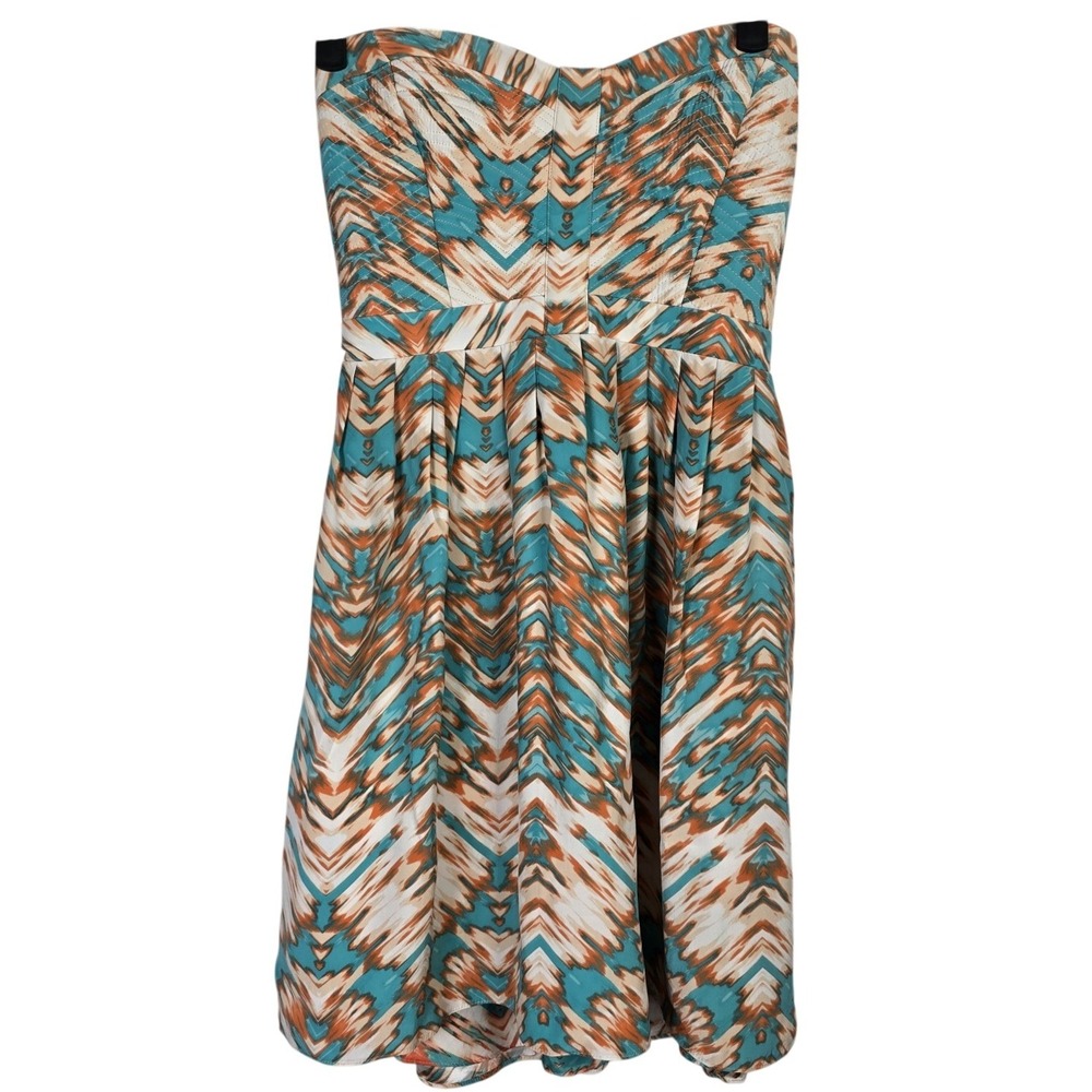 Parker Strapless Smocked Silk Dress Abstract Print Teal‎ Orange XS